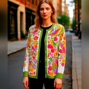 Bob Mackie Wearable Art Colourful Garden Motif Cardigan Fine Knit Sweater SM